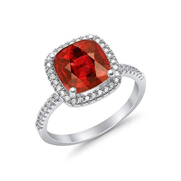Halo Engagement Ring Accent Cushion Simulated Garnet CZ 925 Sterling Silver